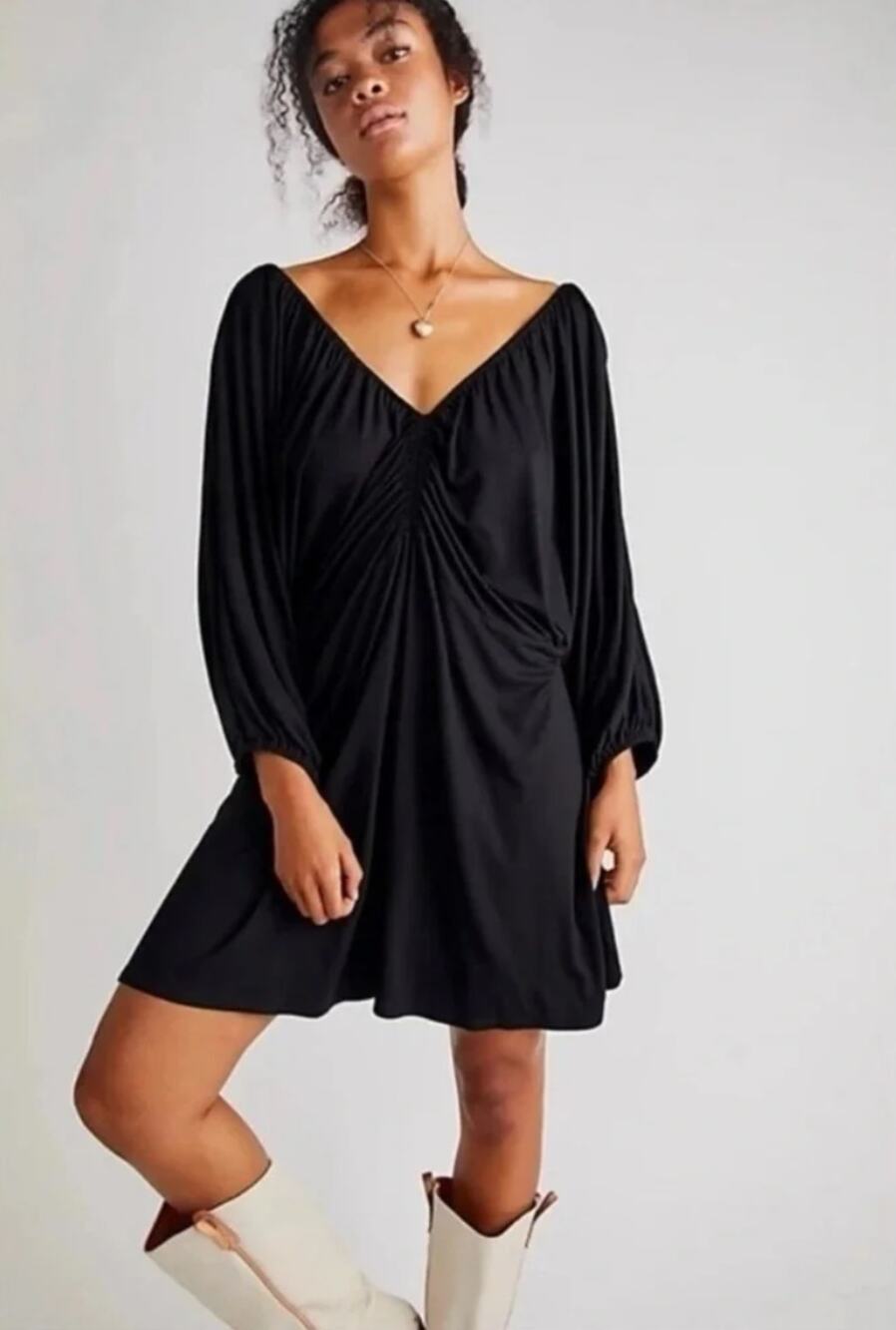 Free People FP Beach BOA TUNIC Ruched V-Neck Drapey Mini Dress in Black S NWOT